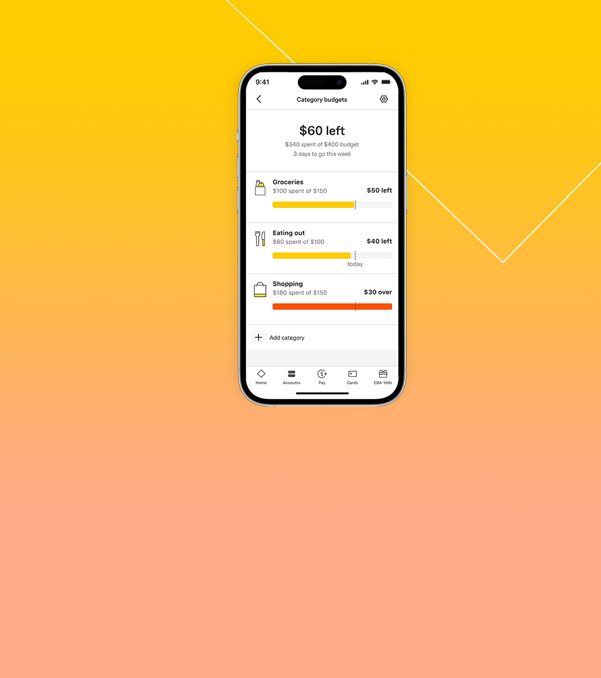 Our award-winning CommBank app allows you to tap into budgeting tools so you can set budgets and track spending across categories like eating out, shopping, groceries, entertainment and more.