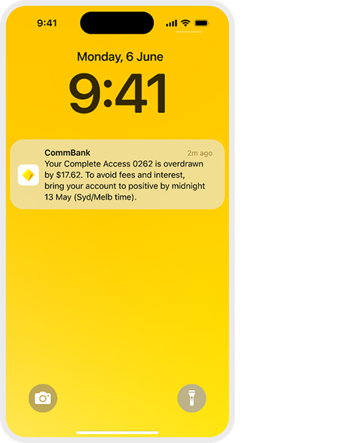 App screen showing example of overdrawn notification