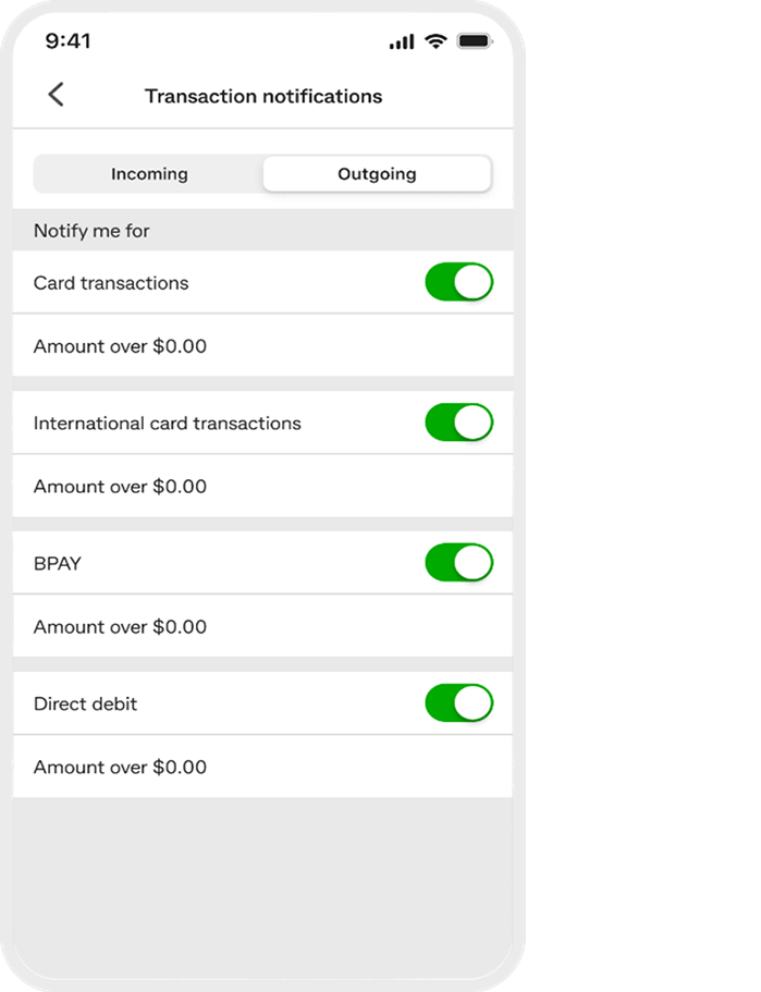 Scroll down and top on 'Transaction notifications'. Then select your notificaton preferences.